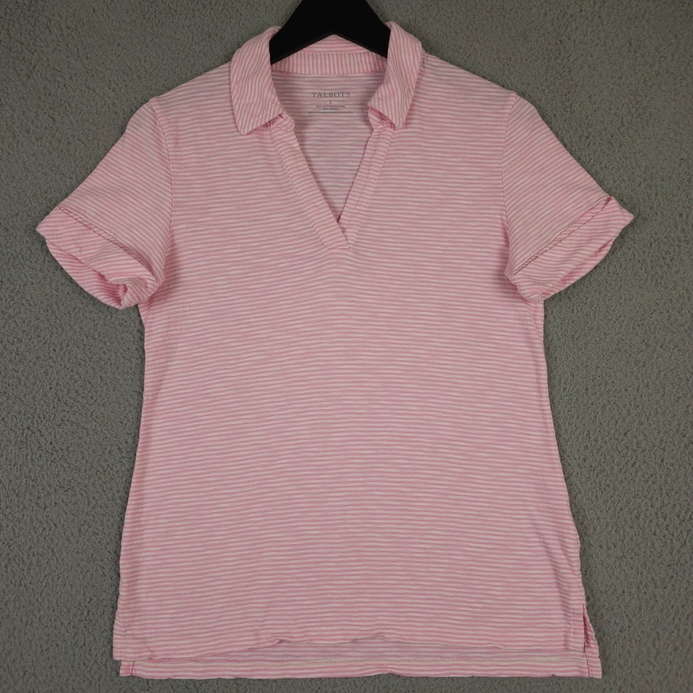 Talbots Shirt Small Pink White‎ Striped Split Neck Slub Cotton Cuffed Top Preppy